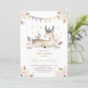 Boho Waterverf Deer en Bird Floral Baby shower Kaart