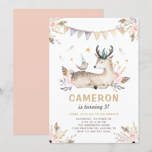 Boho Waterverf Deer en Bird Floral Kids Birthday Kaart