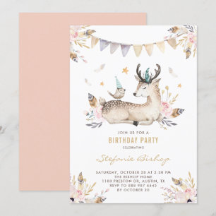 Boho Waterverf Deer en Bird Floral Kids Birthday Kaart