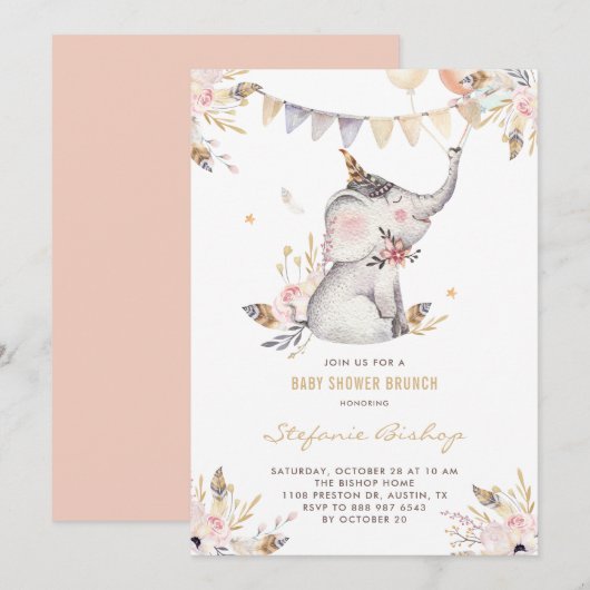 Boho Waterverf Elephant Floral Baby shower Brunch Kaart (Voorkant / Achterkant)