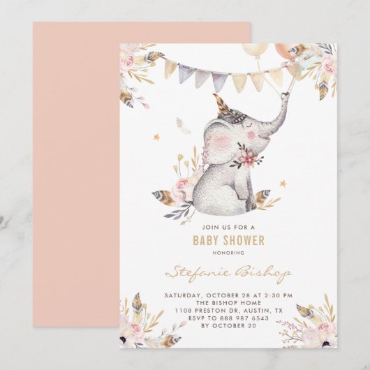 Boho Waterverf Elephant Floral Baby shower Kaart (Voorkant / Achterkant)