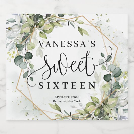 Boho waterverf eucalyptus gouden lijst zoet 16e sparkling wijnetiket (Enkel label)