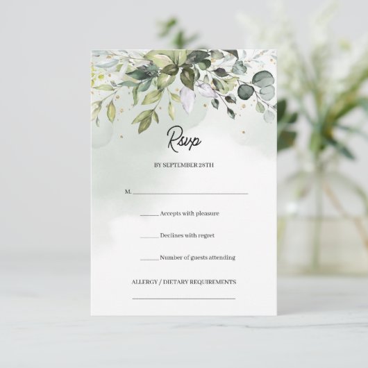 Boho waterverf eucalyptus groen goud schittert RSVP kaartje (Staand voorkant)