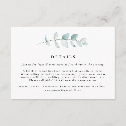 Boho Waterverf Eucalyptus Leaves Wedding Details Informatiekaartje (Voorkant)