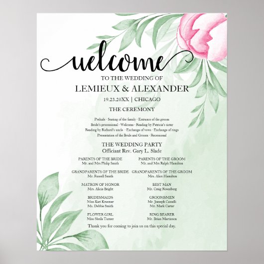 Boho Waterverf Eucalyptus Leaves Wedding Program Poster (Voorkant)
