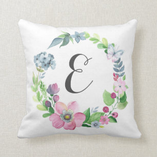 Boho Waterverf Floral & Butterfly   Monogram Kussen