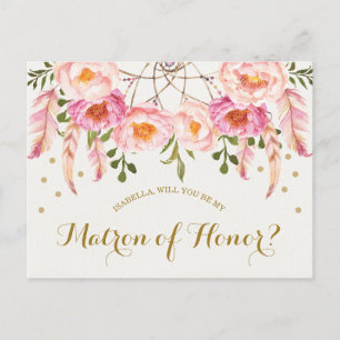 Boho Waterverf Flowers Be My Matron of Honor Kaart