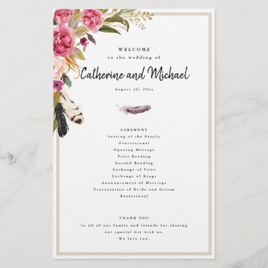 Boho Waterverf Flowers + Feathers, papierprogramma Flyer (Voorkant)