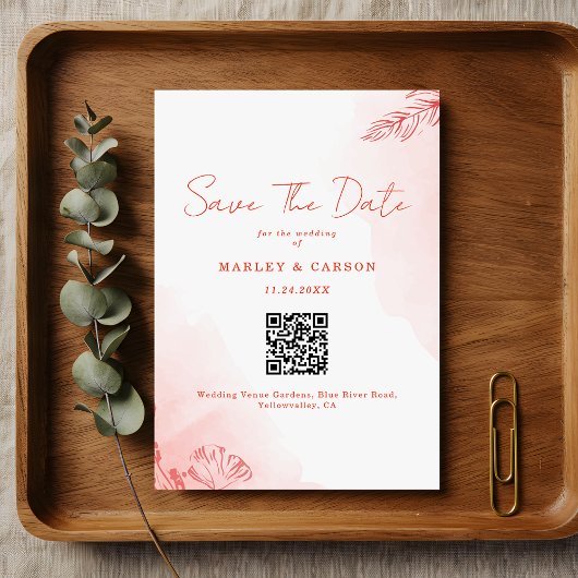 Boho Waterverf gebladerte Terracotta QR Code Huwel Save The Date