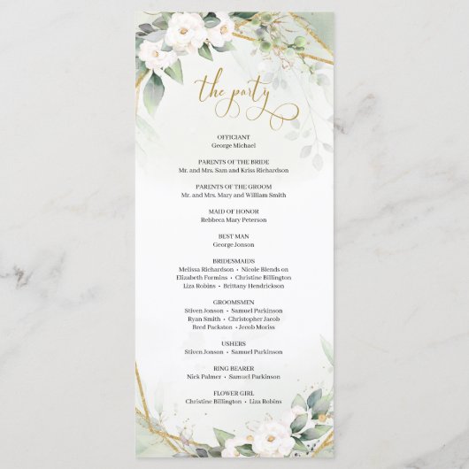 Boho waterverf gouden lijst groen en witte roos programma (Achterkant)