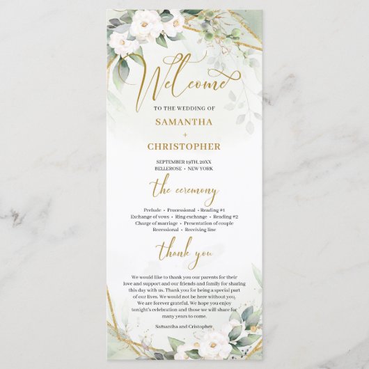 Boho waterverf gouden lijst groen en witte roos programma (Voorkant)