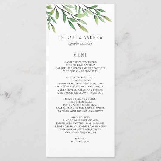 Boho Waterverf Greenery Branch Elegant Wedding Menu (Voorkant)