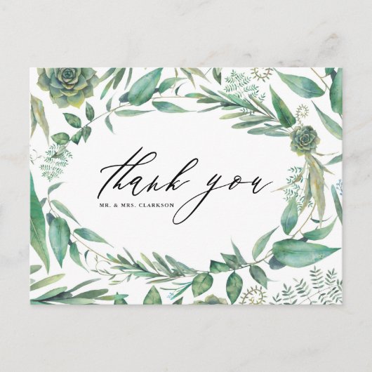 Boho Waterverf Greenery en Succulenten Dank u wel Briefkaart (Voorkant)