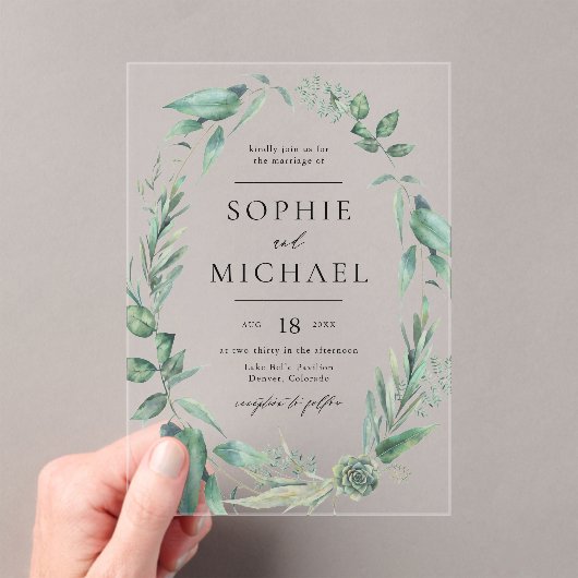 Boho Waterverf Greenery en Succulents Wedding Acryl Uitnodigingen (Insitu (Draagbaar))