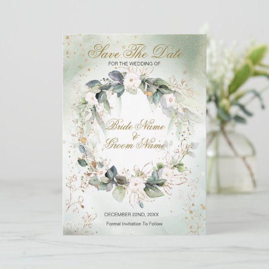 Boho Waterverf Greenery Floral Shiny Modern Save The Date (Staand voorkant)