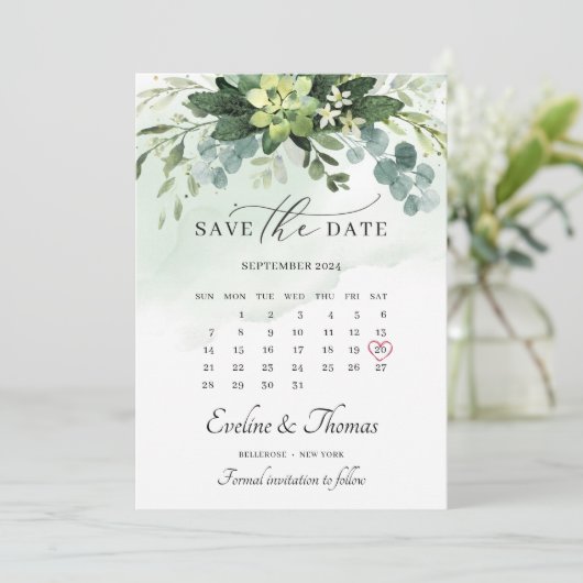 Boho waterverf greenery succulent floral bruiloft save the date (Staand voorkant)