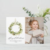 Boho Waterverf Greenery Wreath Foto Feestdagenkaart (Staand voorkant)