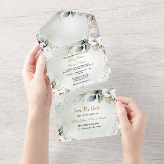 Boho Waterverf Groen Bloemen Moderne bruiloft All In One Uitnodiging (Afscheurbaar)