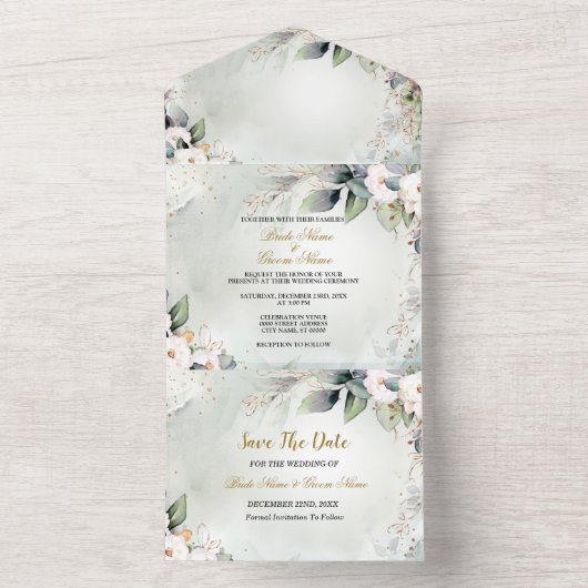 Boho Waterverf Groen Bloemen Moderne bruiloft All In One Uitnodiging (Binnen)