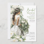 Boho waterverf groen en witte pioenen bruids kaart (Voorkant)