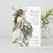 Boho waterverf groen en witte pioenen bruids kaart (Staand voorkant)