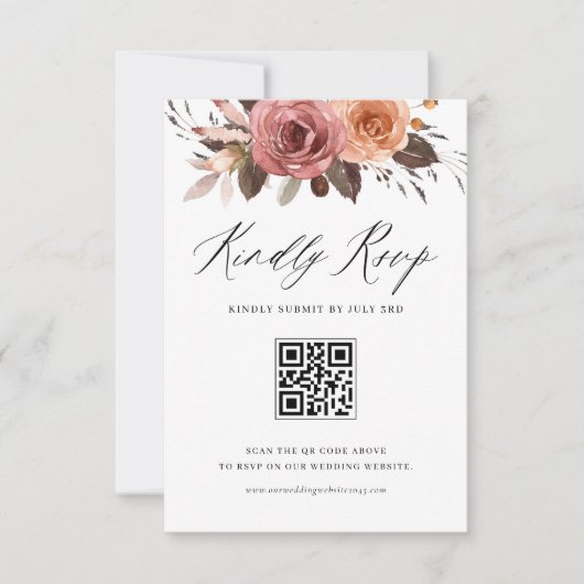 Boho Waterverf Herfst Bloemen Bruiloft QR Code RSVP Kaartje (Voorkant)