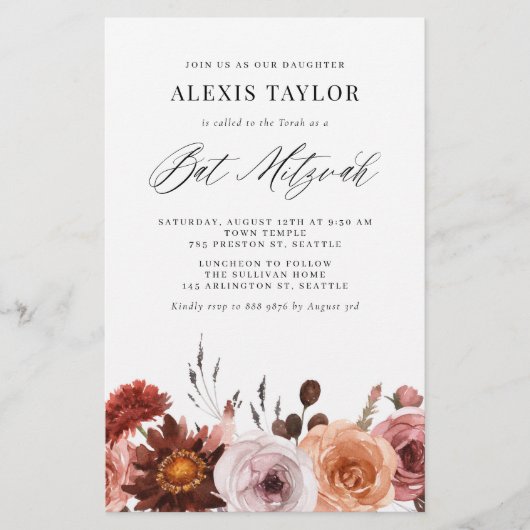 Boho Waterverf Herfst Flower Bat Mitzvah Invitatio (Voorkant)