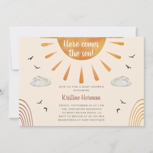 Boho Waterverf Hier komt het Baby shower van de Zo Kaart (Voorkant)