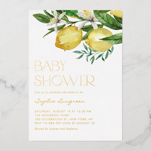 Boho Waterverf Lemon en Blooms Baby shower Folie Uitnodiging (Voorkant)