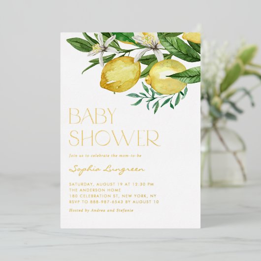 Boho Waterverf Lemon en Blooms Baby shower Folie Uitnodiging (Staand Voorkant)