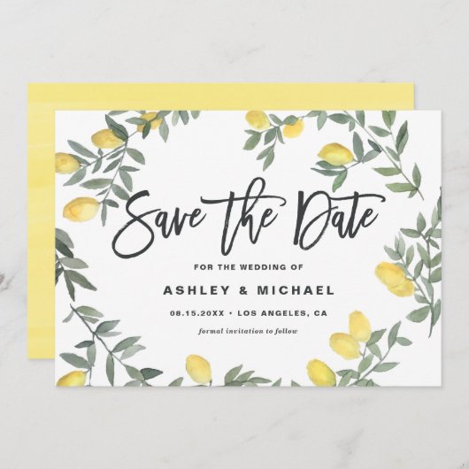Boho Waterverf Lemon Wreath Summer Wedding Save The Date (Voorkant / Achterkant)
