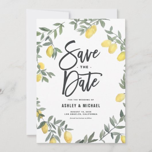 Boho-waterverf lemonenkrans save the date (Voorkant)