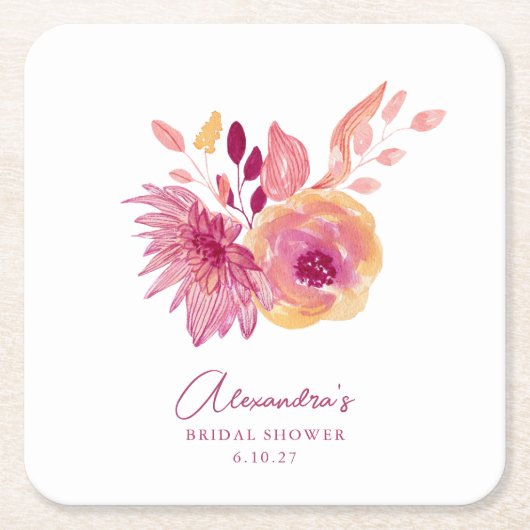 Boho Waterverf Magenta Rode Bloemen Bruiloft Vierkante Kartonnen Onderzetter (Voorkant)