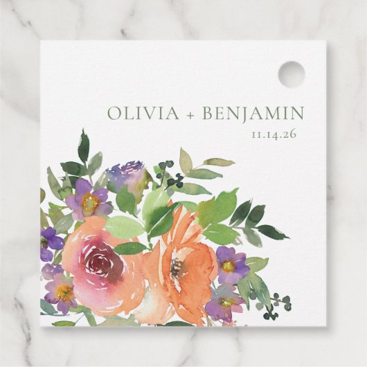 Boho Waterverf Paarse Sinaasappel Bloemen Trouwnam Bedankjes Labels (Achterkant)