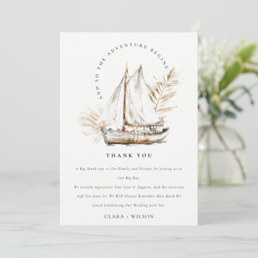 Boho Waterverf Palm zeilboot Zeegezicht Bruiloft Bedankkaart (Staand voorkant)