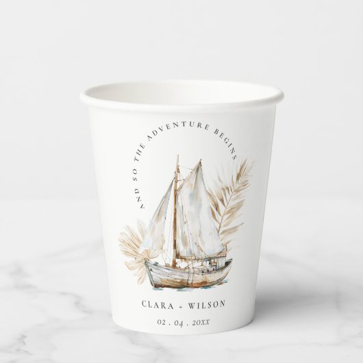 Boho Waterverf Palm zeilboot Zeegezicht Bruiloft Papieren Bekers (Achterkant)
