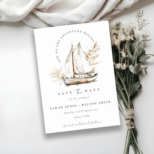 Boho Waterverf Palm zeilboot Zeegezicht Bruiloft Save The Date