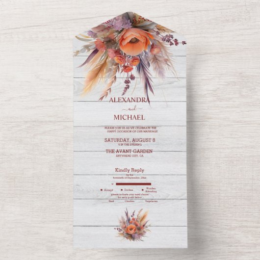 Boho Waterverf Pampas Grass Bruiloft All In One Uitnodiging (Binnen)