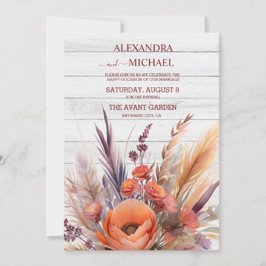 Boho Waterverf Pampas Grass Bruiloft Kaart (Voorkant)