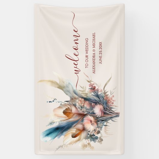 Boho Waterverf Pampas Grass Bruiloft Spandoek (Verticaal)