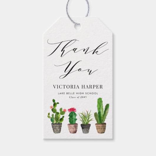 Boho Waterverf Potted Cactus Afstuderen Dank u Cadeaulabel (Voorkant)