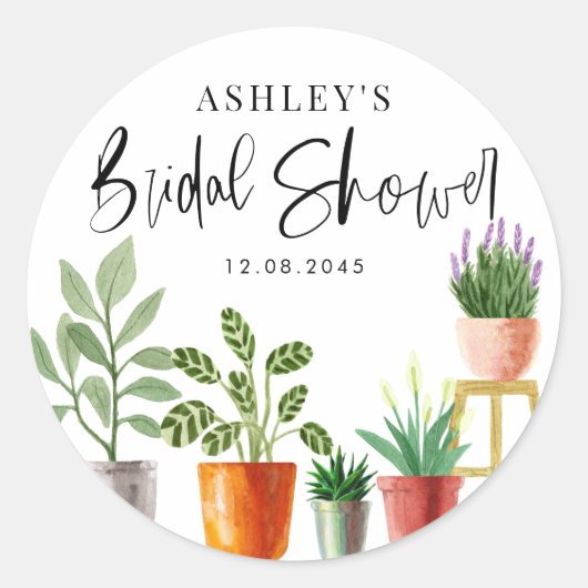 Boho Waterverf Potted Plants Bruidsfeest Ronde Sticker (Voorkant)