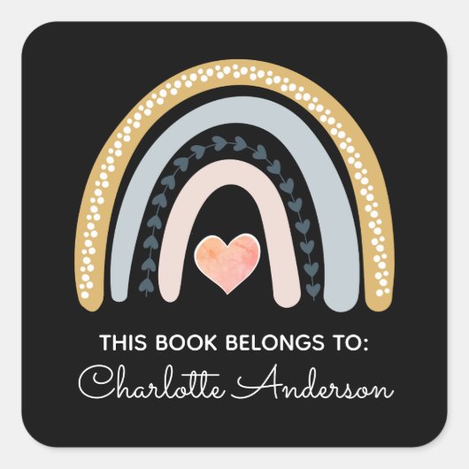 Boho Waterverf Rainbow Bookplaat Vierkante Sticker (Voorkant)
