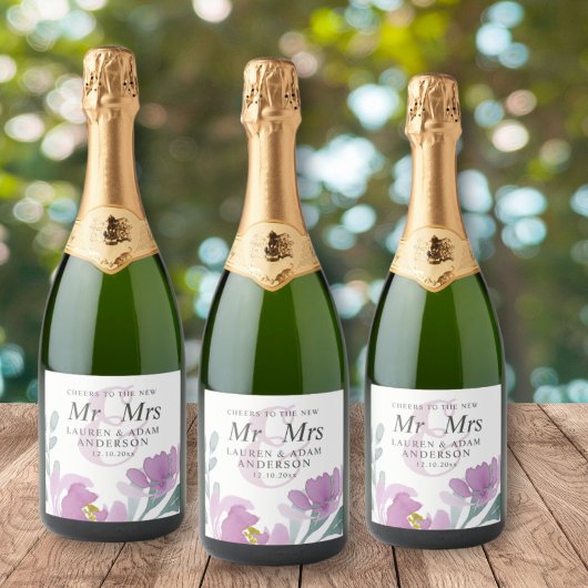 Boho Waterverf Roze Bloemen Bruiloft Sparkling Wijnetiket