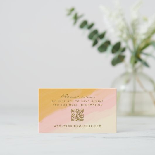 Boho Waterverf Roze Gele QR-code RSVP Informatiekaartje (Staand voorkant)