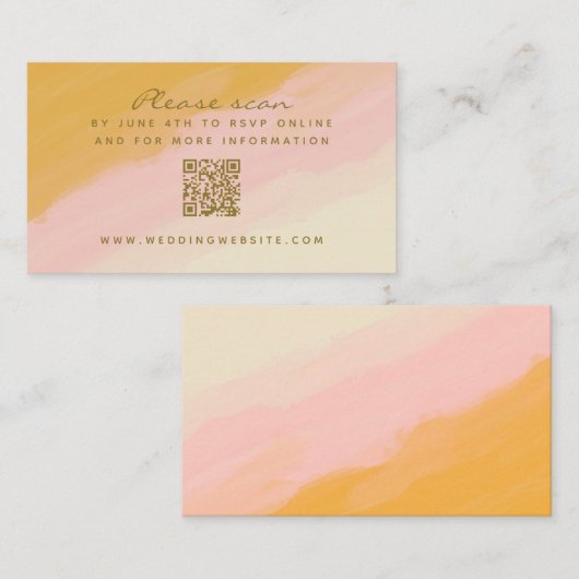 Boho Waterverf Roze Gele QR-code RSVP Informatiekaartje (Voorkant / Achterkant)