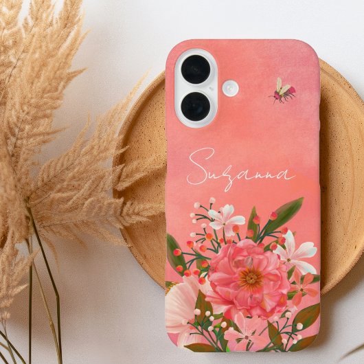 Boho Waterverf Roze Koraal Bloemen Script Naam Case-Mate iPhone Case