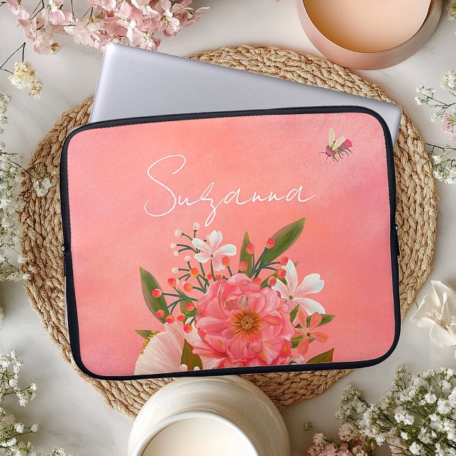 Boho Waterverf Roze Koraal Bloemen Script Naam Laptop Sleeve (Boho Watercolor Pink Coral Florals Script Name Laptop Sleeve)
