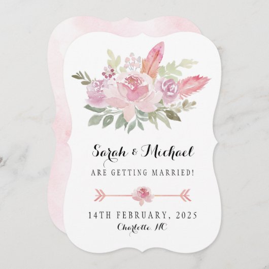 Boho Waterverf roze rozen en veren Save The Date (Voorkant / Achterkant)