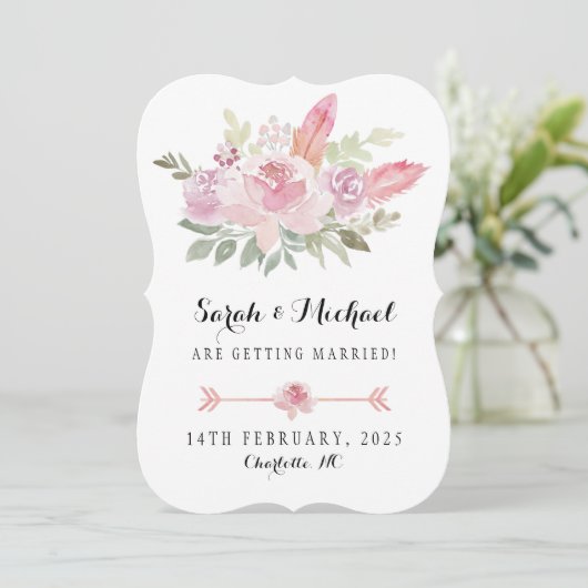 Boho Waterverf roze rozen en veren Save The Date (Staand voorkant)